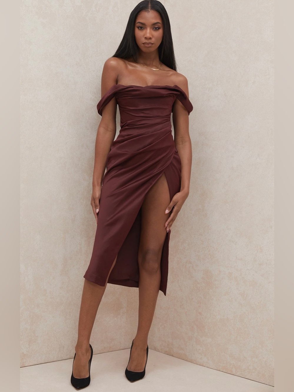 House of CB RHODA Raisin Off Shoulder Corset Dress